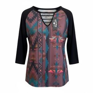 Crazy Train Black and Multicolor Aztec Top
Size Small